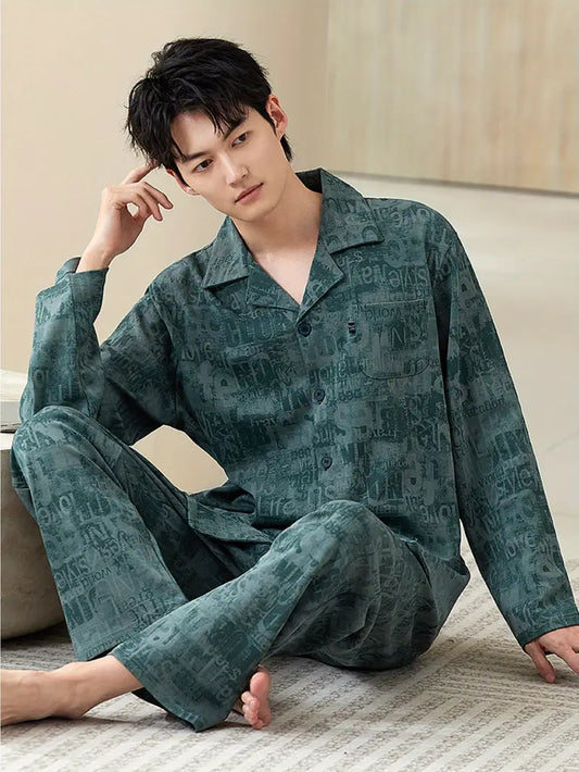 Men'S Comfortable High-End Elegant Long Sleeve Collared Top with Pants Pajama Set - 100% Cotton, Machine Washable, Ideal for Home and Outdoor Wear