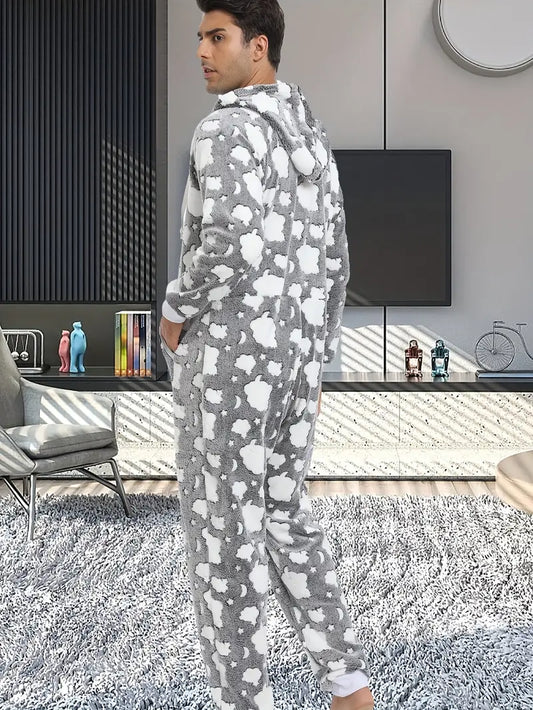 Men's Plush Warm Hooded Cloud Print Jumpsuit Pajamas Home Wear