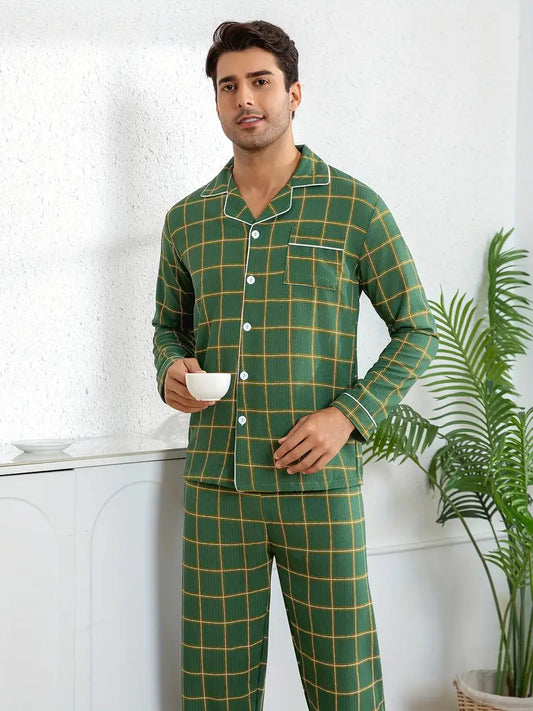2pcs Men's Green Plaid Full-Print Lapel Long-Sleeve Robe and Pants Pajama Set